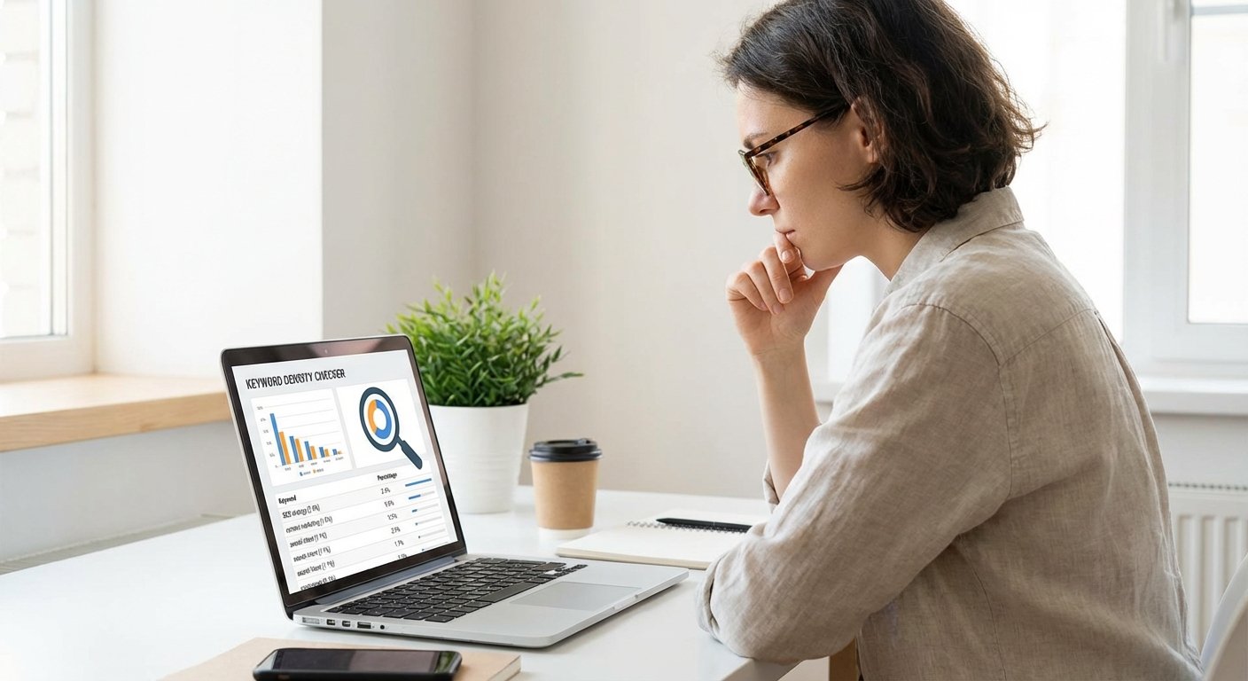 Person optimizing content using keyword density checker on laptop