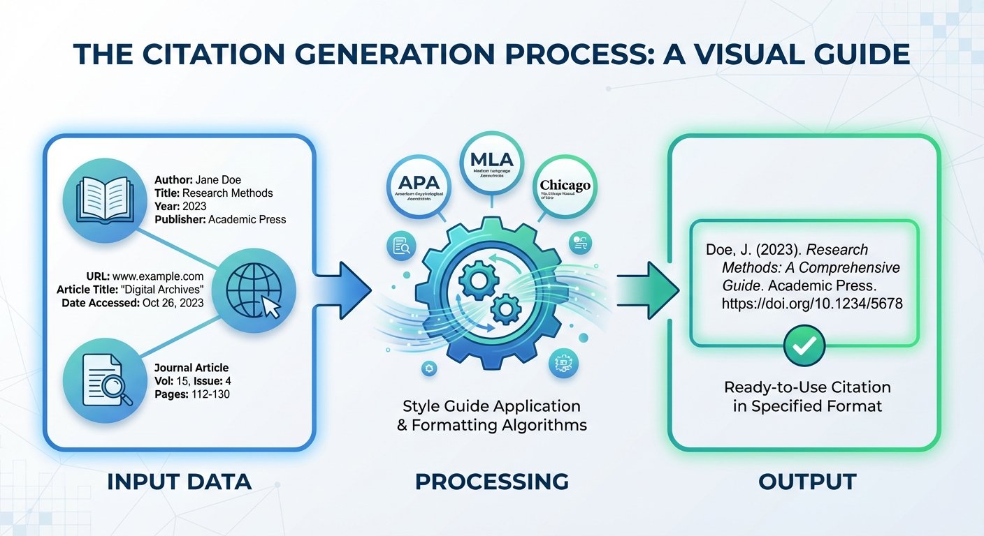 Diagram illustrating the citation generation process: input, processing, output