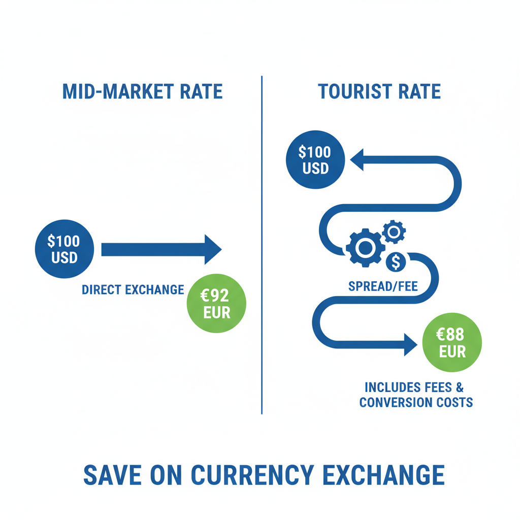 An infographic explaining how the uses of a currency converter help you understand the difference between the mid-market rate and the tourist rate.