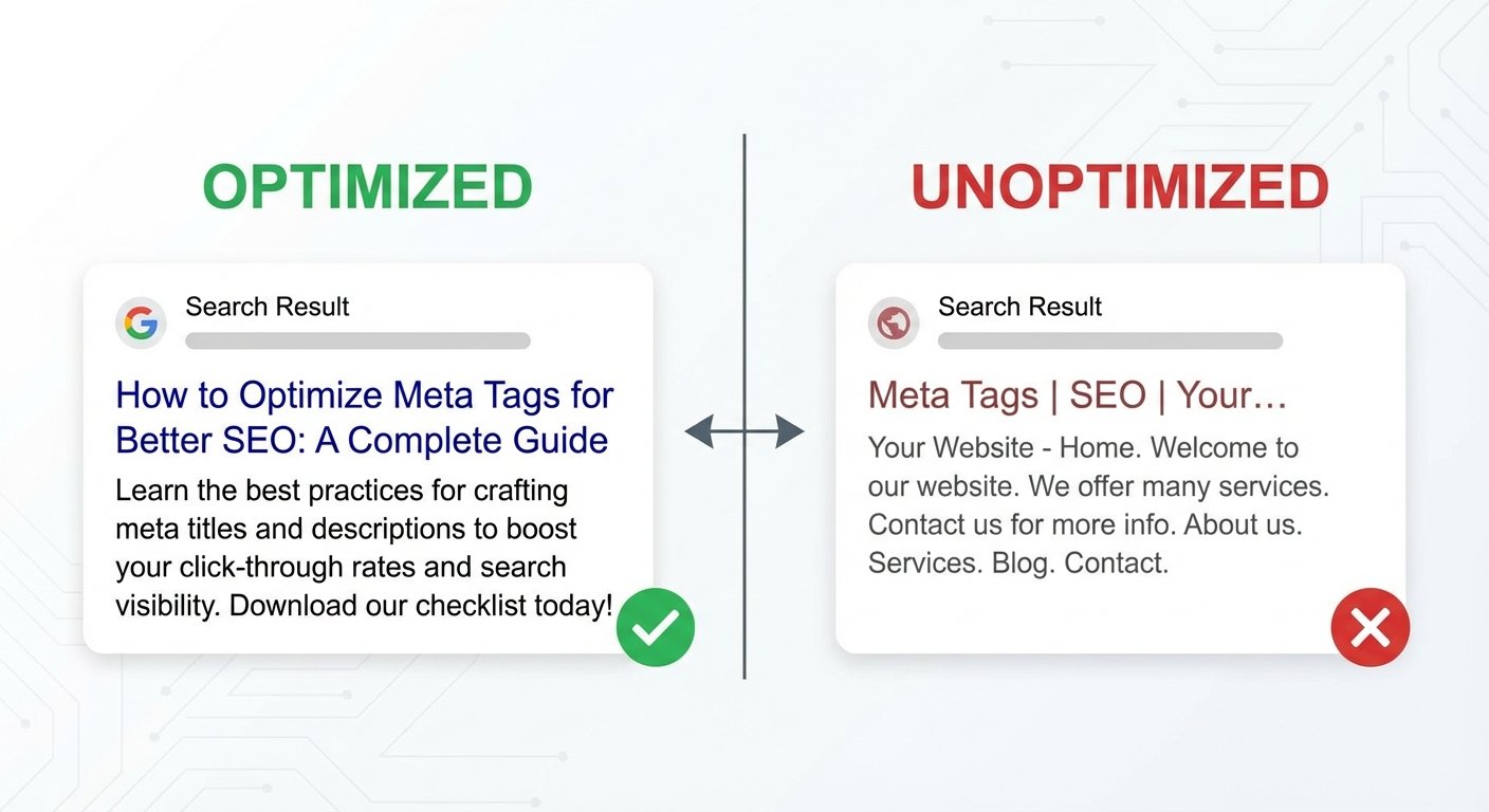 Comparison of optimized vs. unoptimized meta tags in search results.