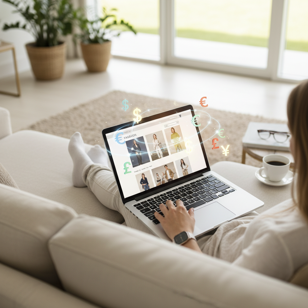 A person shopping online, demonstrating one of the key uses of a currency converter to find the best price on international websites.