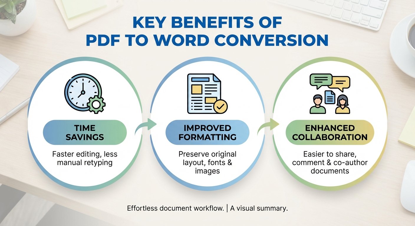 Benefits of using a PDF to Word converter infographic.