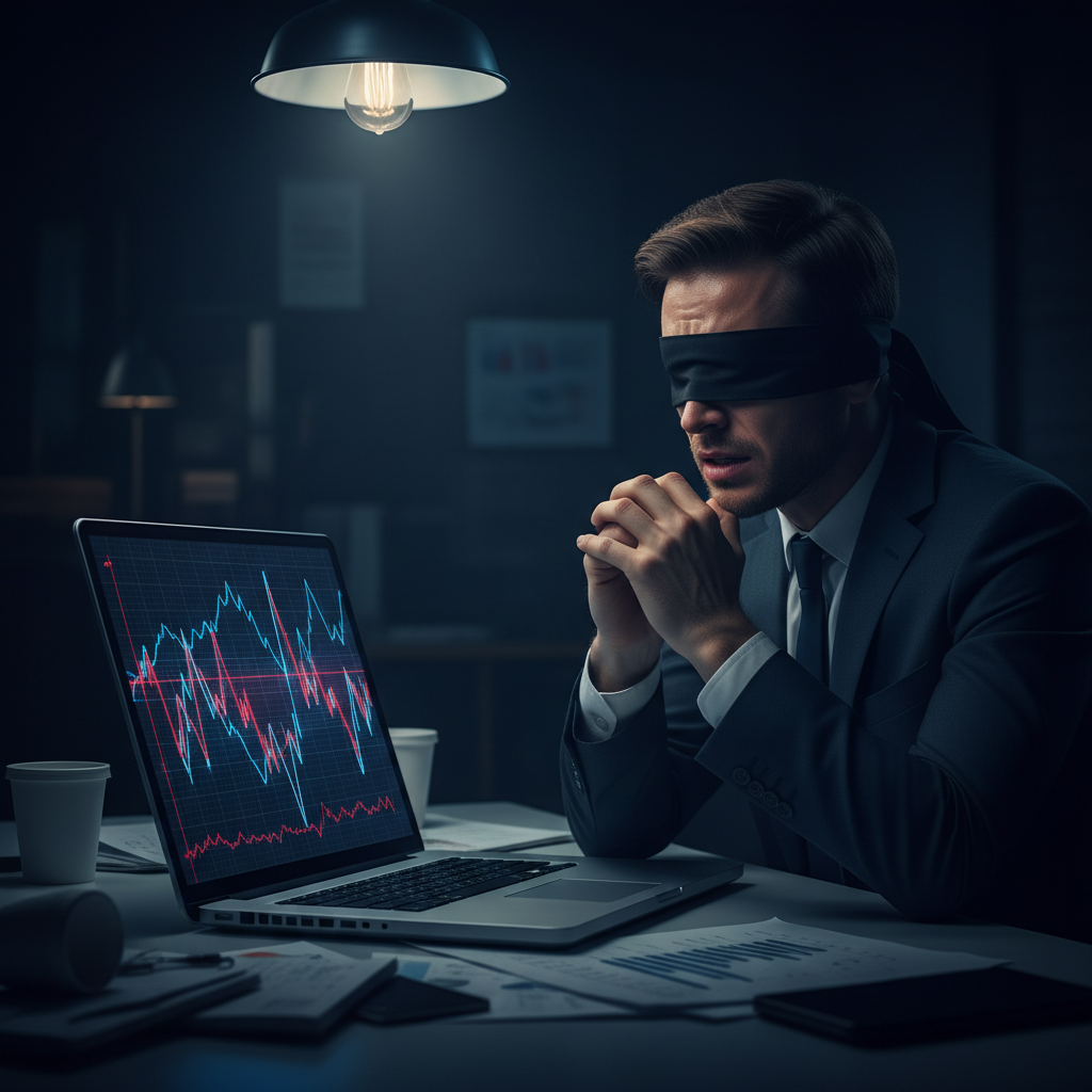 A person blindfolded in front of a computer with charts, symbolizing the danger of not tracking SEO rankings.