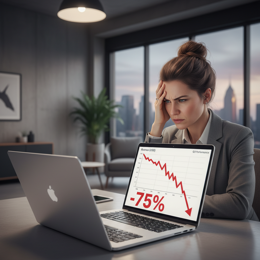 Business owner looking at dropping SEO revenue graph.