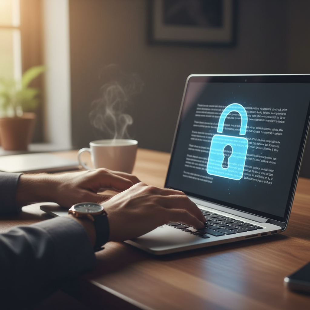 A writer's hands on a laptop with a glowing padlock icon symbolizing content integrity.