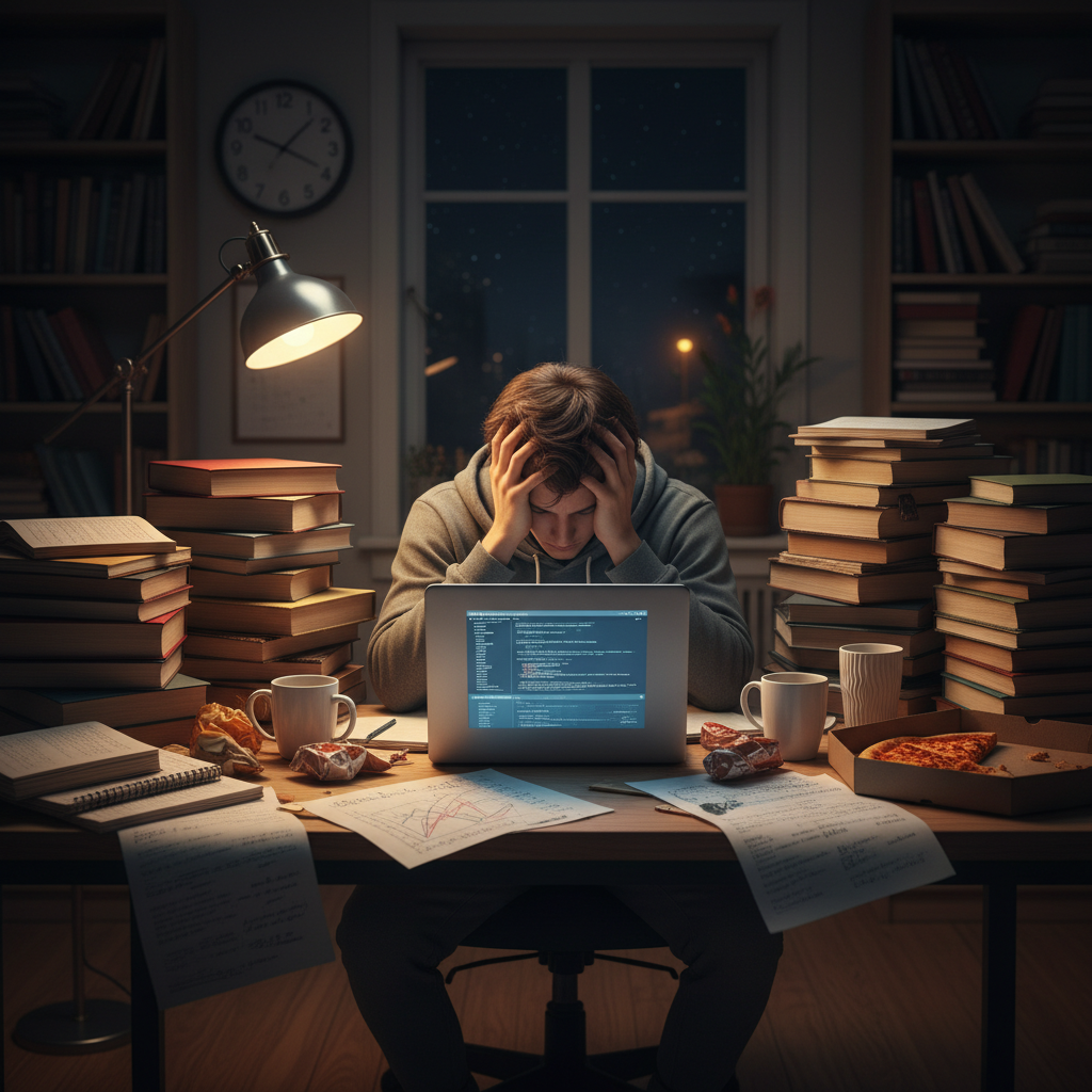 A frustrated student overwhelmed by books and the task of creating a bibliography.