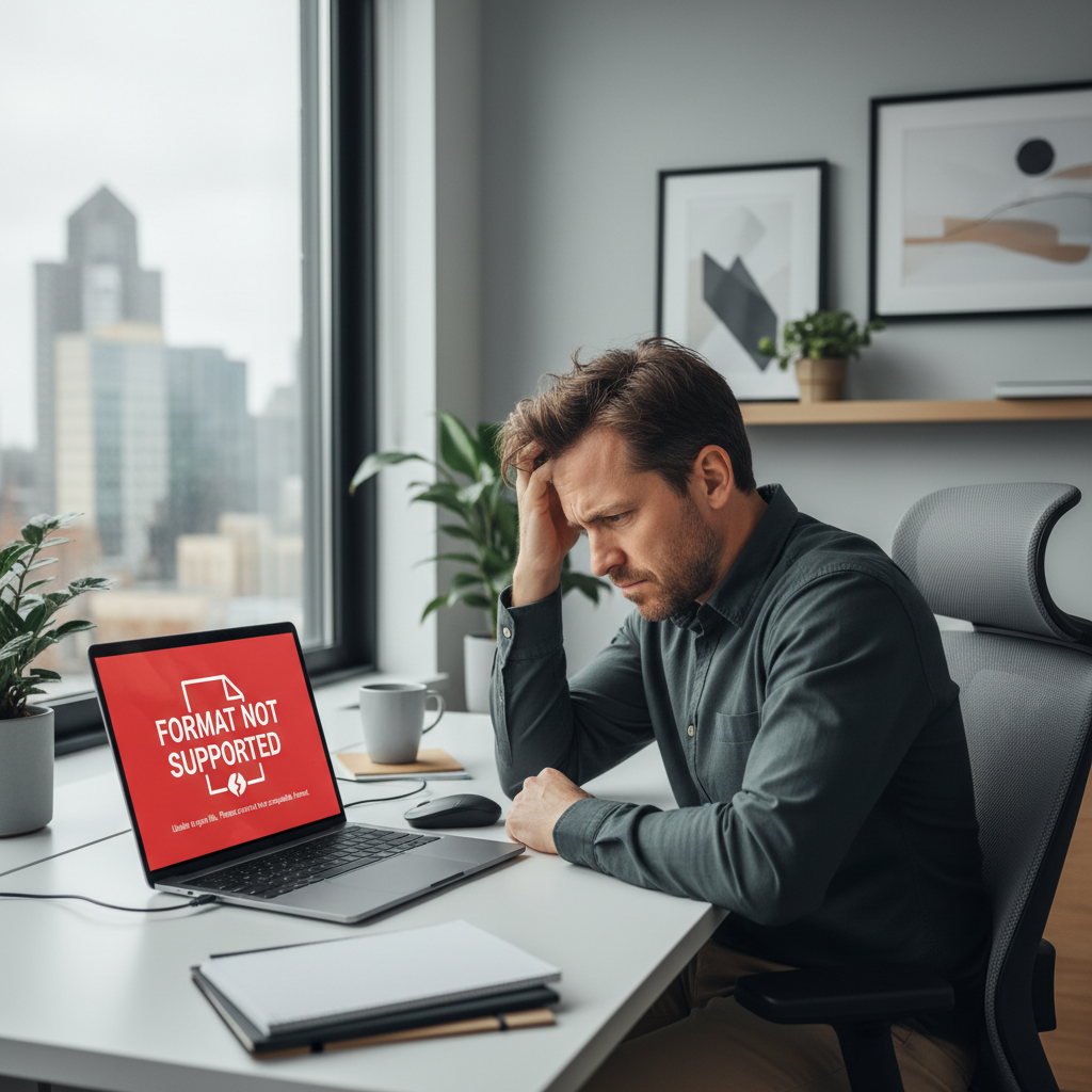 Frustrated person seeing a file format error on their laptop.