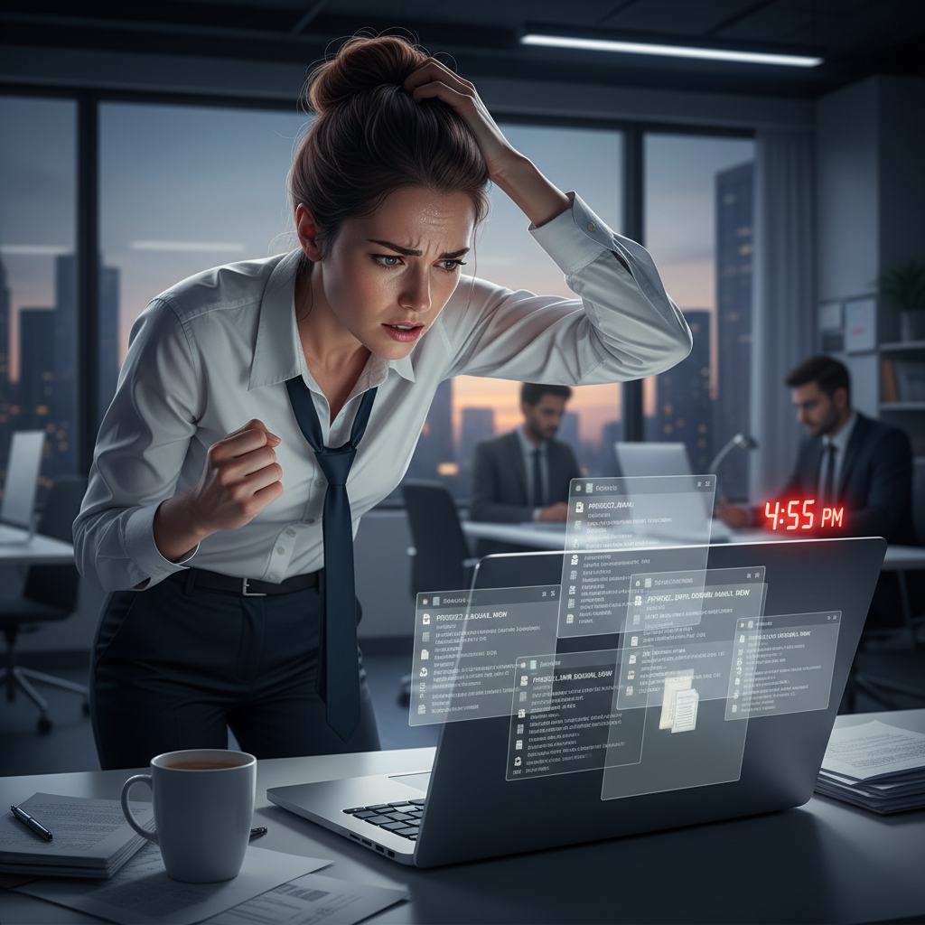 A person frantically trying to combine different digital files on their computer before a deadline.