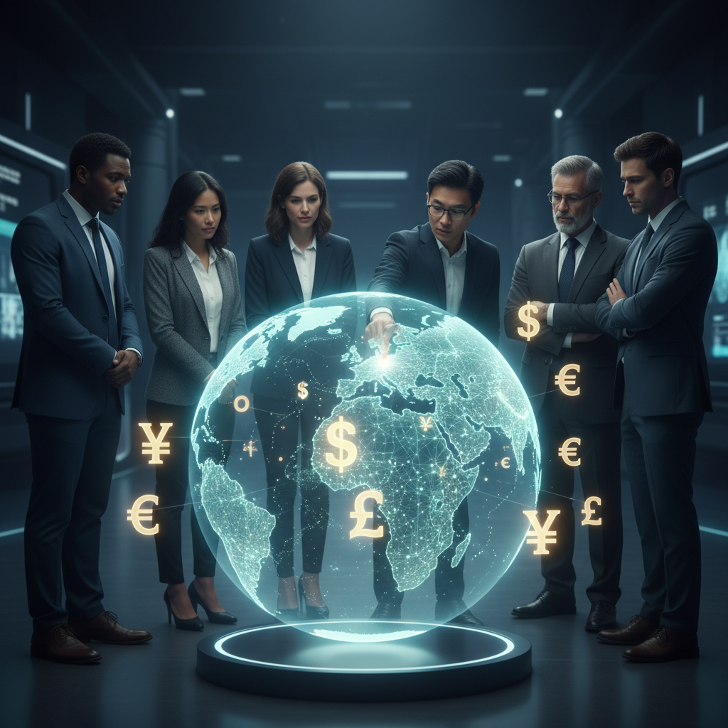 People interacting with a digital world map showing various currency symbols.