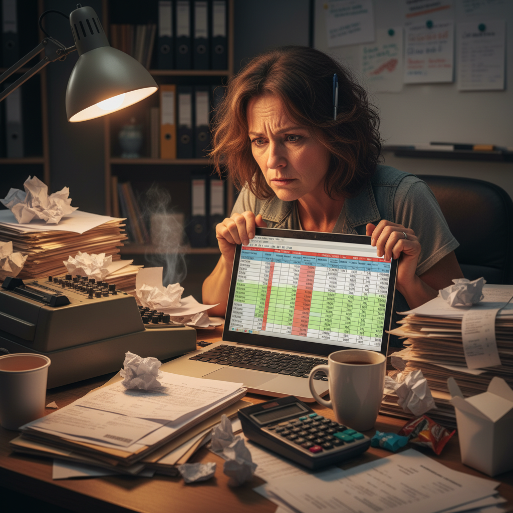 A stressed entrepreneur overwhelmed by paperwork and manual invoicing tasks at their desk.