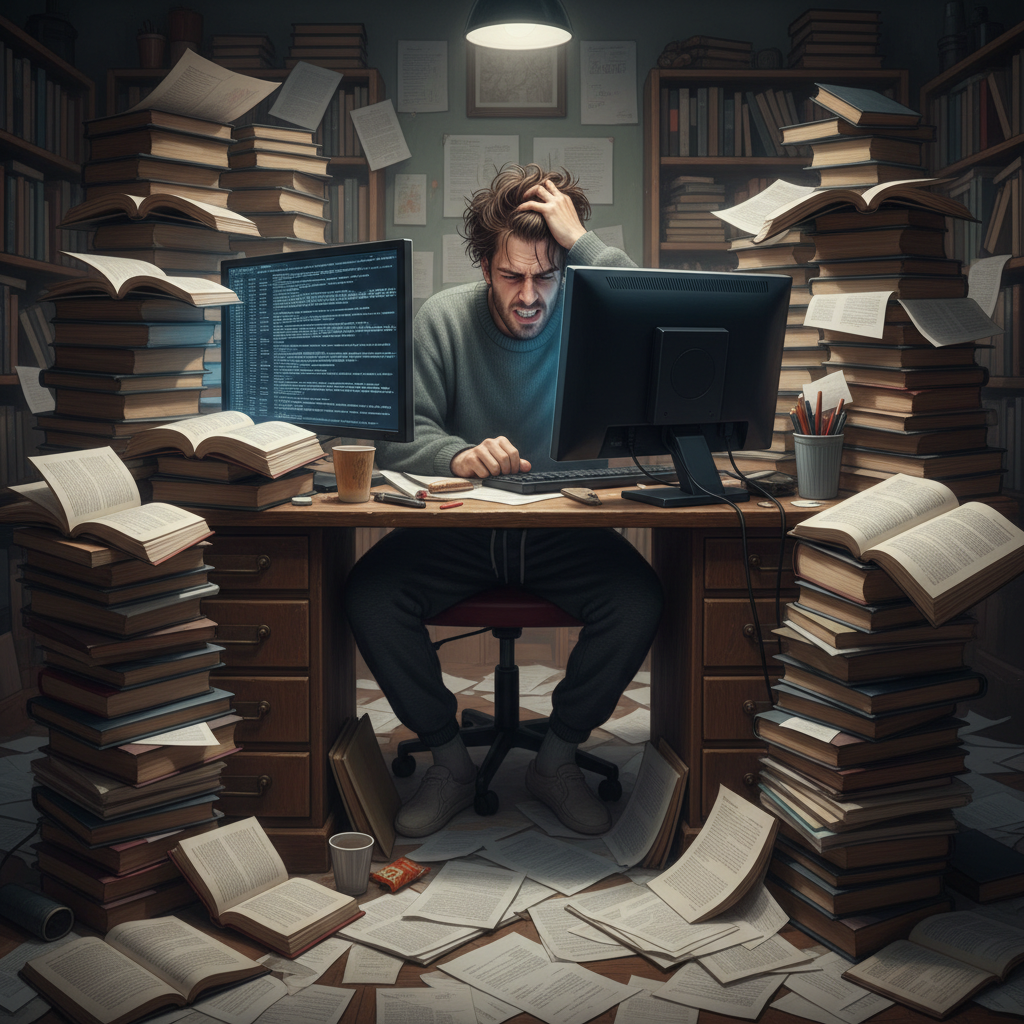 A person looking overwhelmed by giant stacks of books and papers at their desk.