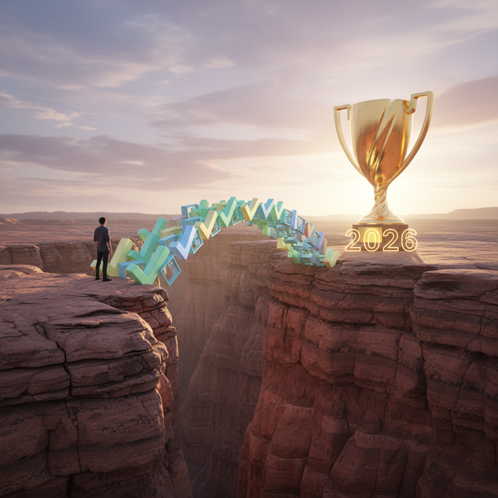 Illustration of a person looking across a chasm towards a trophy, with a bridge of checkmarks connecting them.