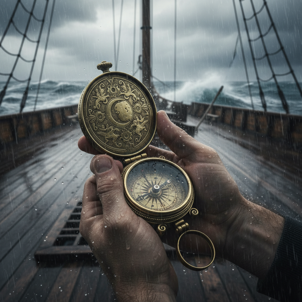 A hand holding a brass compass on a ship during a storm.