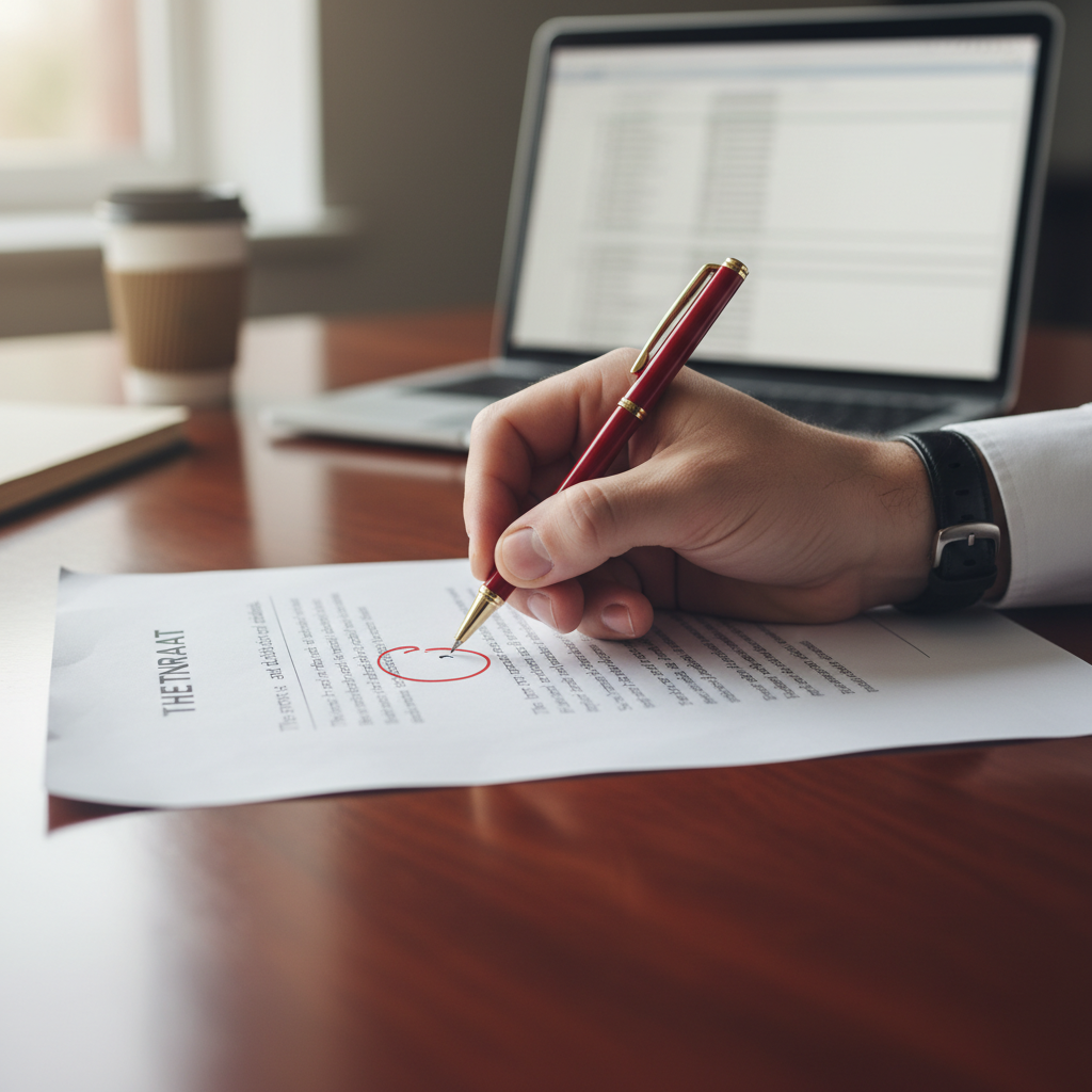 A red pen circling a grammatical error on a professional business contract.