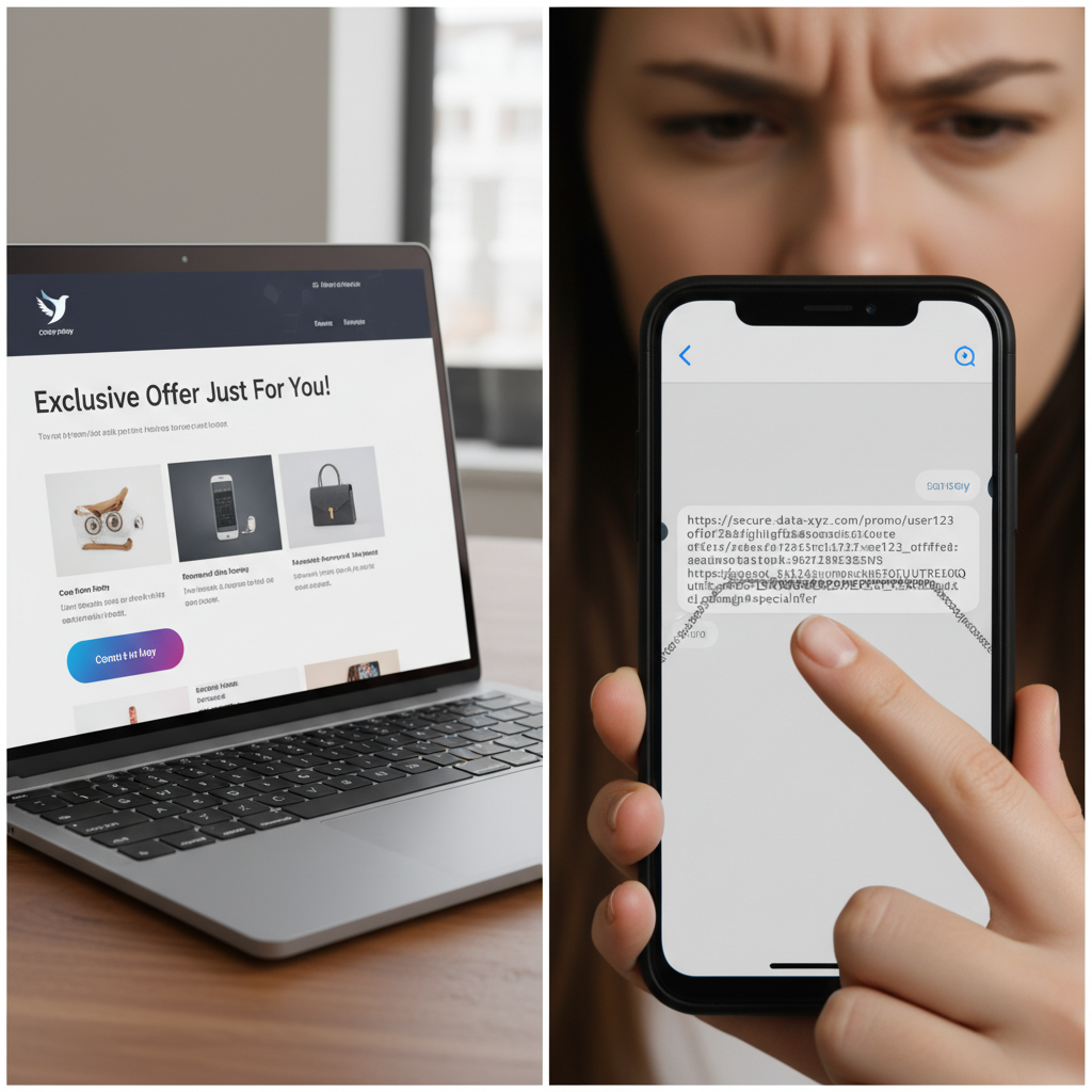 A user looking skeptically at a long, complicated URL in an email on their smartphone.