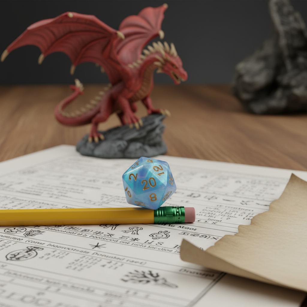 A 20-sided die landed crooked on a pencil, a common gaming mishap.