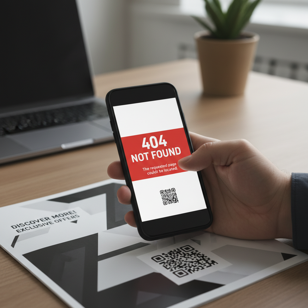 Smartphone screen showing a 404 error after scanning a QR code on a brochure.