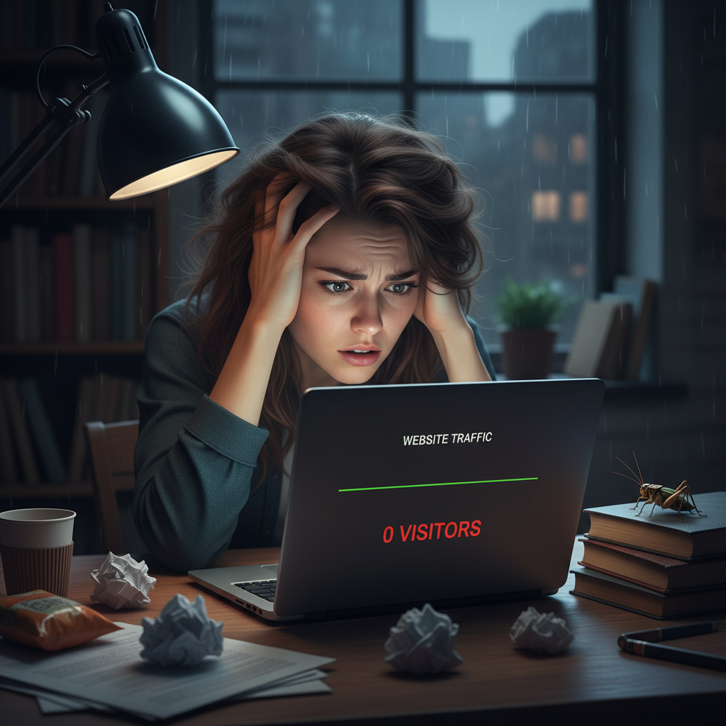 A writer looking disappointed at a laptop displaying a flat traffic graph.