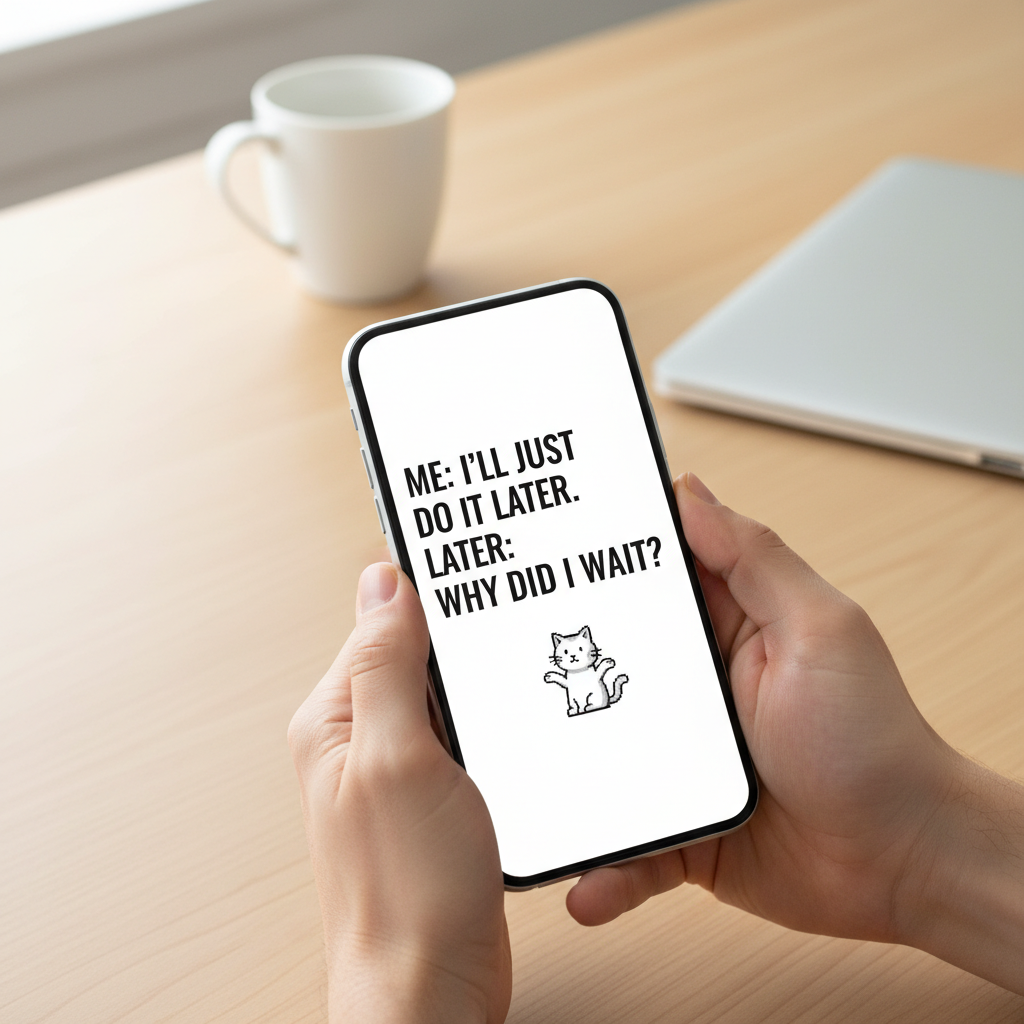 A smartphone displaying a minimalist meme with black text on a white background.