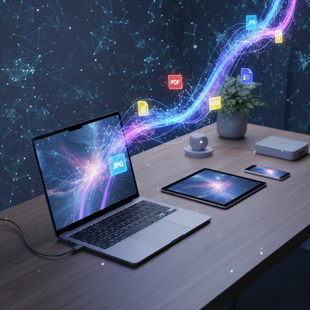Icons of various file formats flowing between different digital devices, symbolizing easy data conversion.