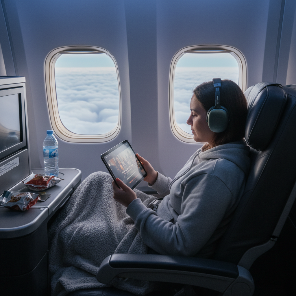 A person watching a movie on a tablet during a flight.