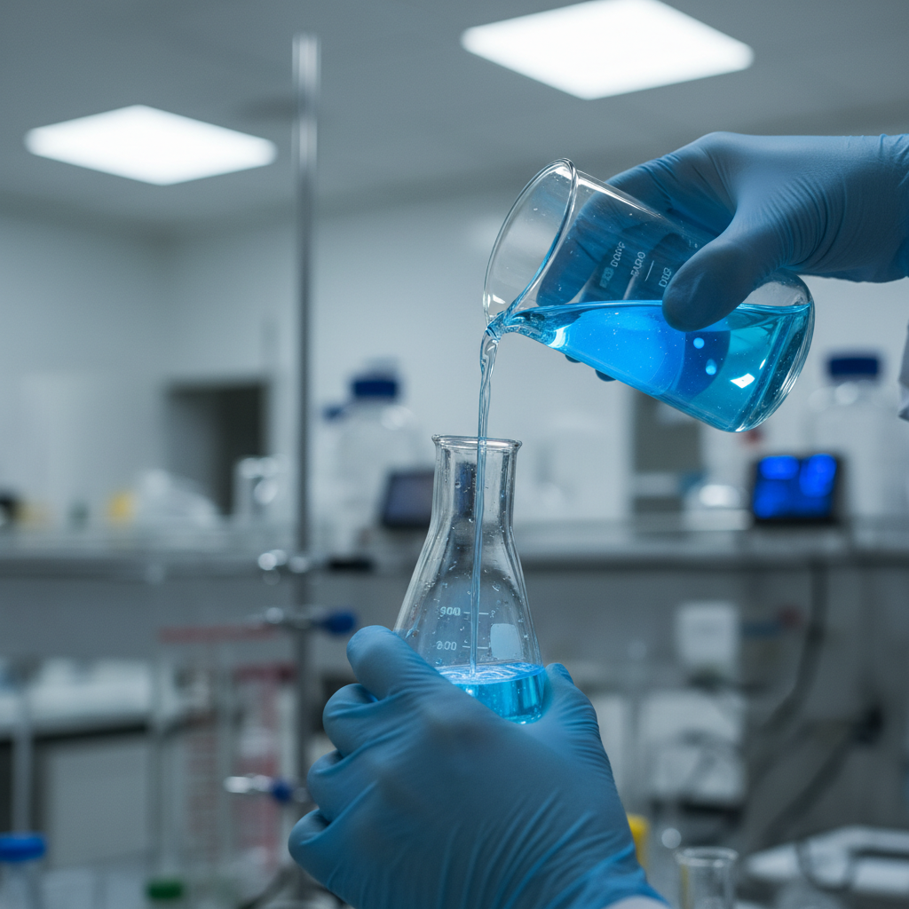 Scientist carefully pouring a blue chemical in a lab setting.