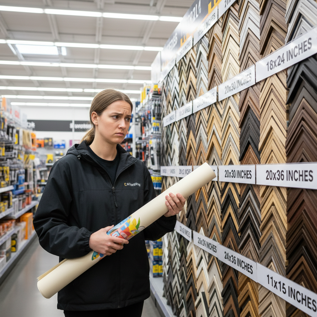 A person holding a poster looks confused at a wall of picture frames with inch-based size labels.
