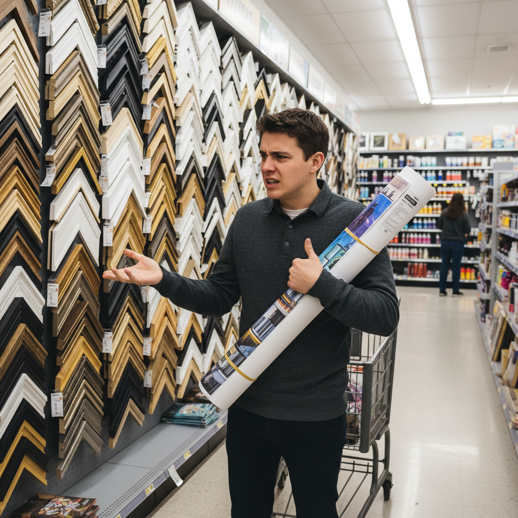A person looking confused while trying to find a matching picture frame for their art print in a store.