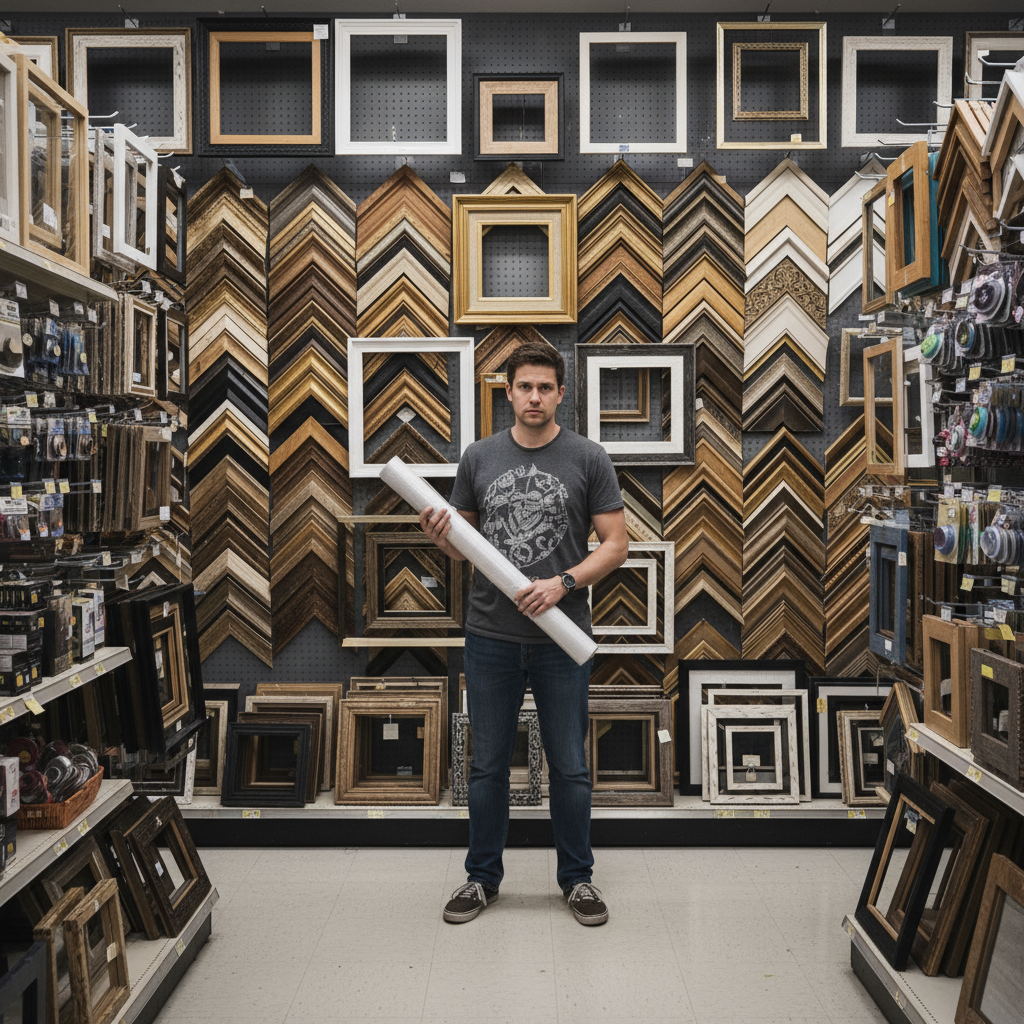 Person holding art print looking confused in a frame aisle