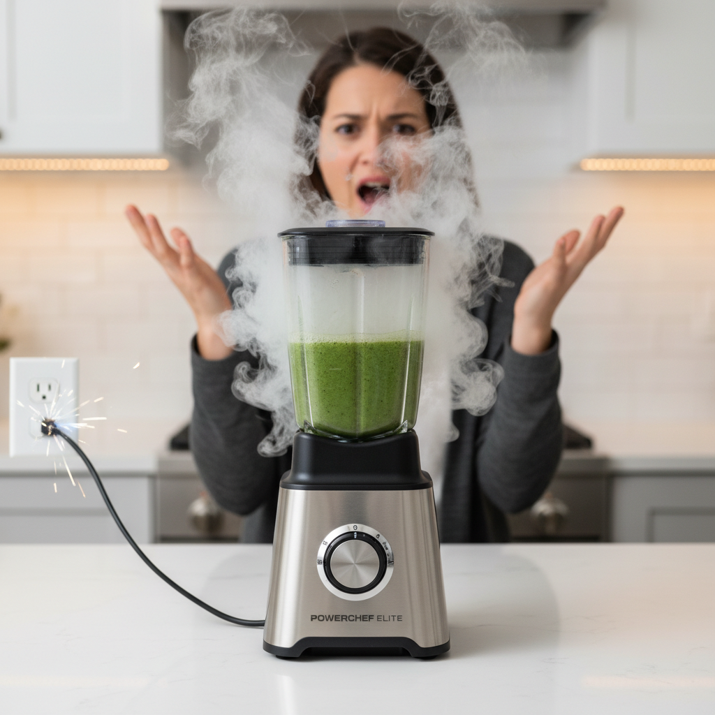 A smoking new blender on a kitchen counter, indicating an electrical problem.