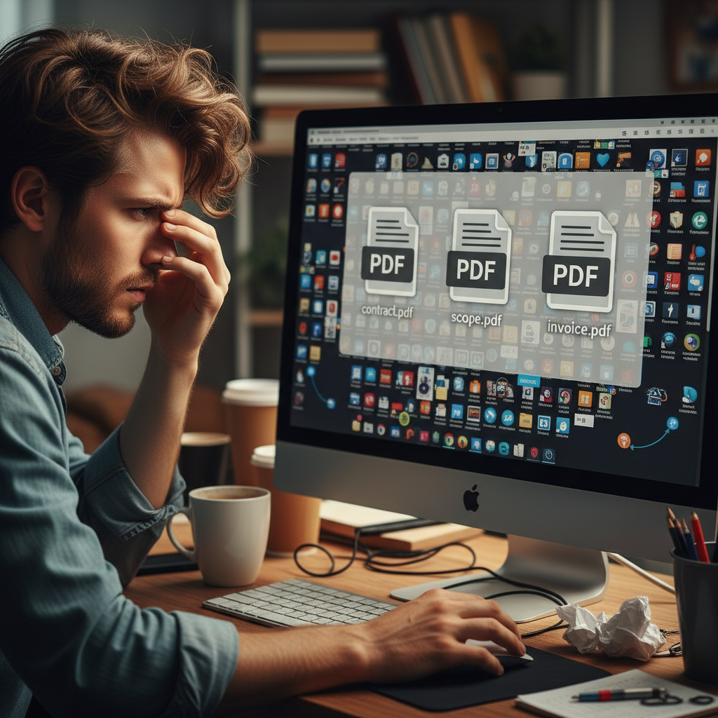 A cluttered desktop screen showing multiple PDF attachments in an email.