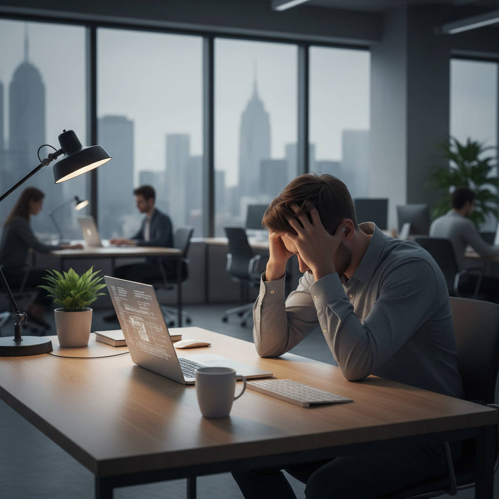 Stressed office worker looking at a laptop screen