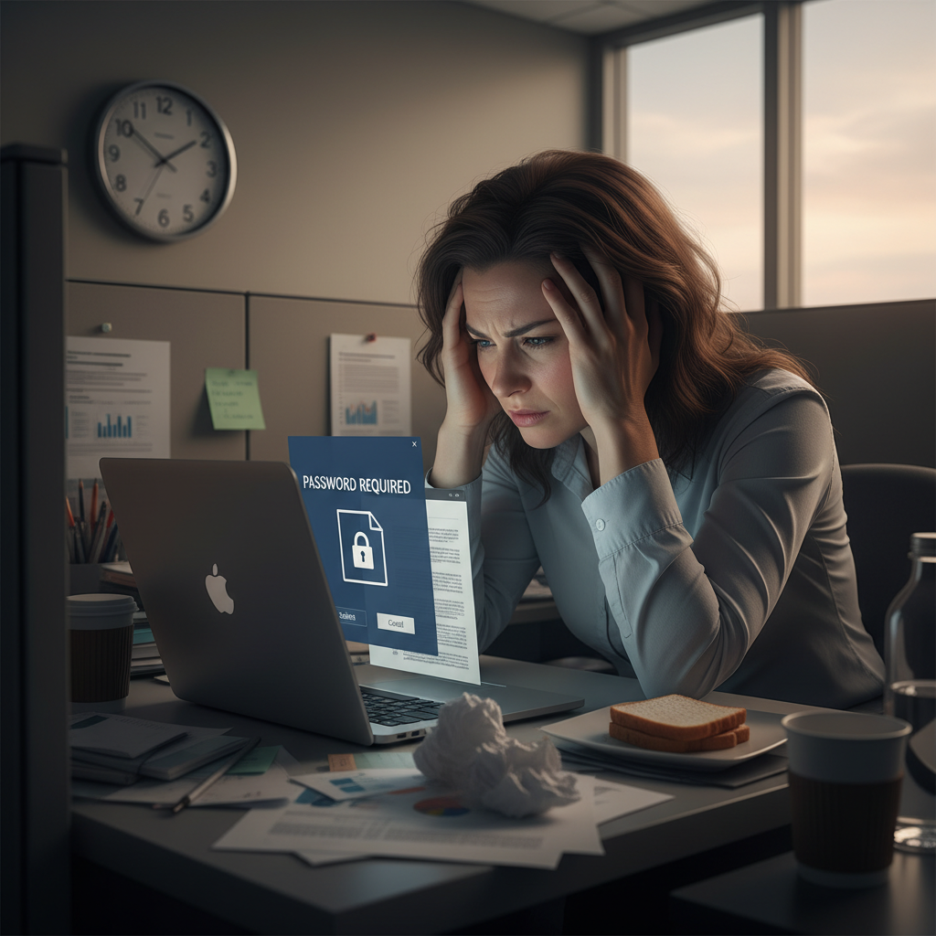 Frustrated person unable to open a password-protected PDF file on their laptop late on a Friday afternoon.