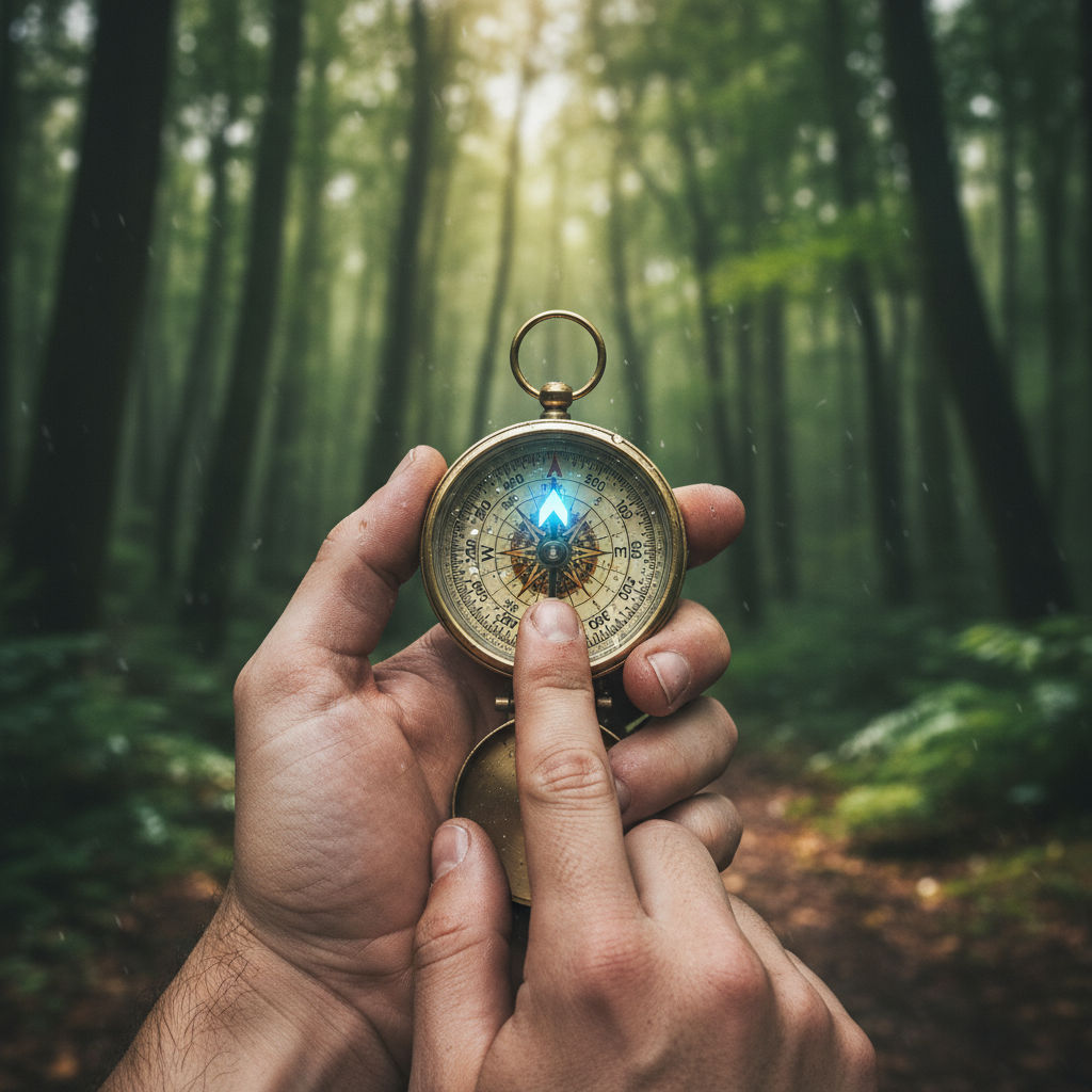 A hand holding a compass in a forest, symbolizing SEO navigation.