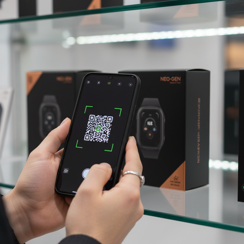 A smartphone scanning a QR code on a product box in a store.
