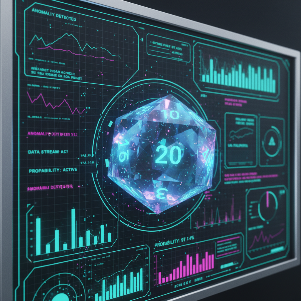 A digital interface displaying a glowing holographic d20 die.