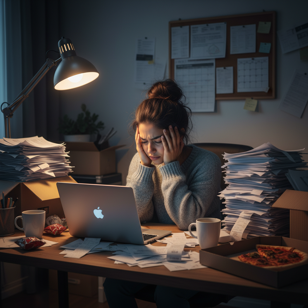 A frustrated business owner looking at piles of overdue invoices.