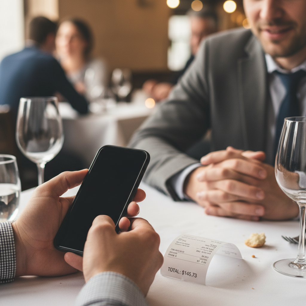 A person looking stressed at a dead phone while trying to figure out a restaurant bill.