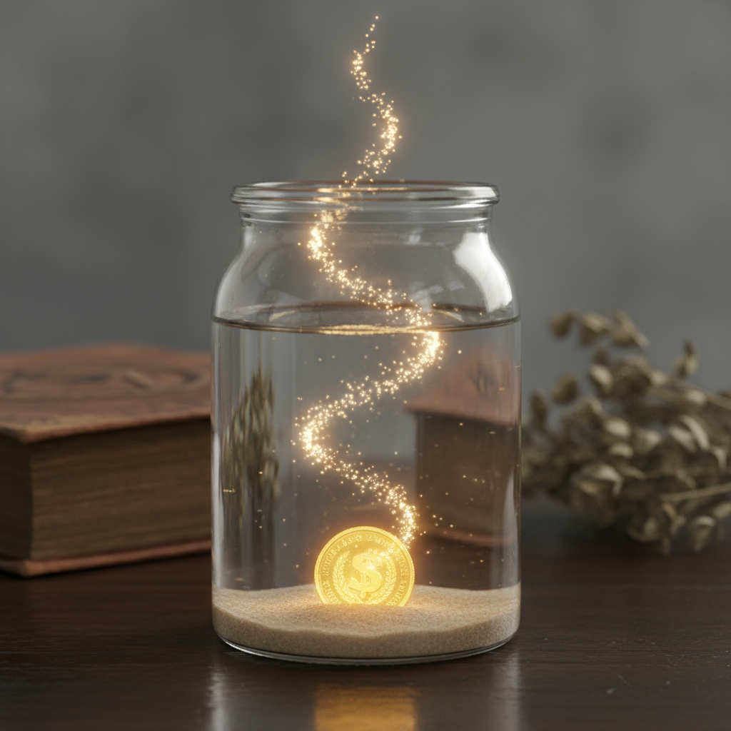 A single gold coin in a glass jar, symbolizing the start of an investment.