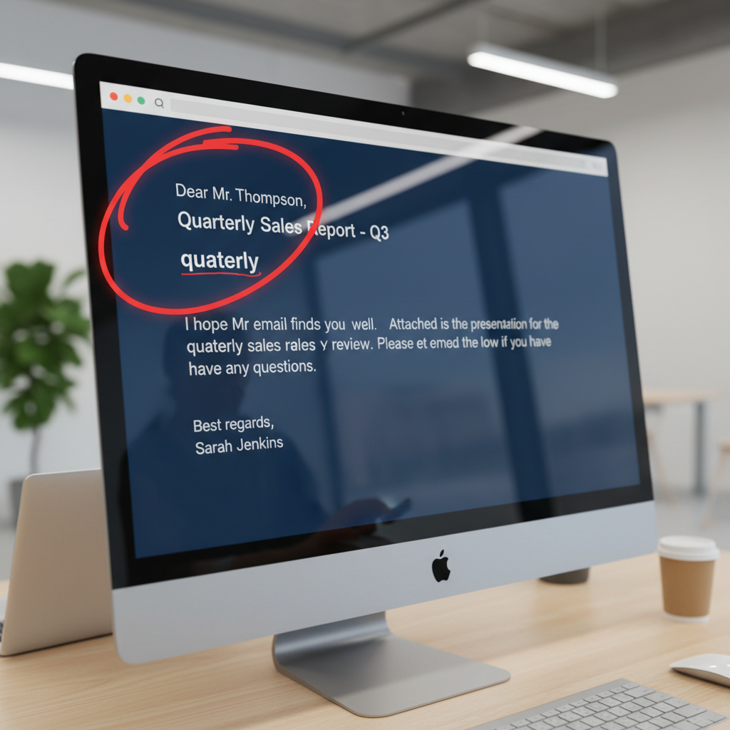 A computer screen showing an email with a spelling mistake highlighted in red.