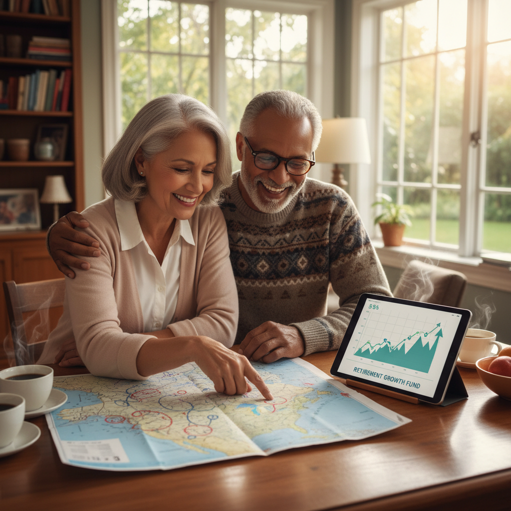 A retired couple planning their future with a map and a tablet.