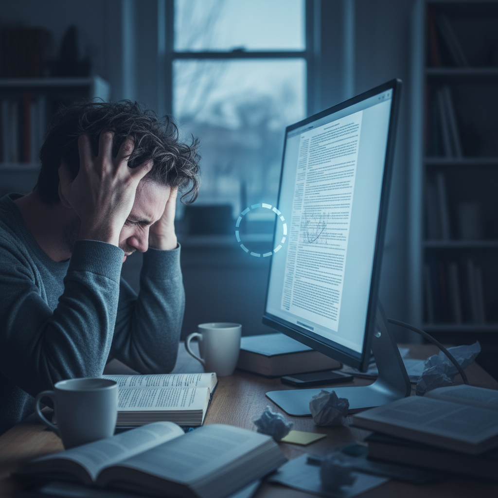A person looking overwhelmed by a massive PDF file on their computer.