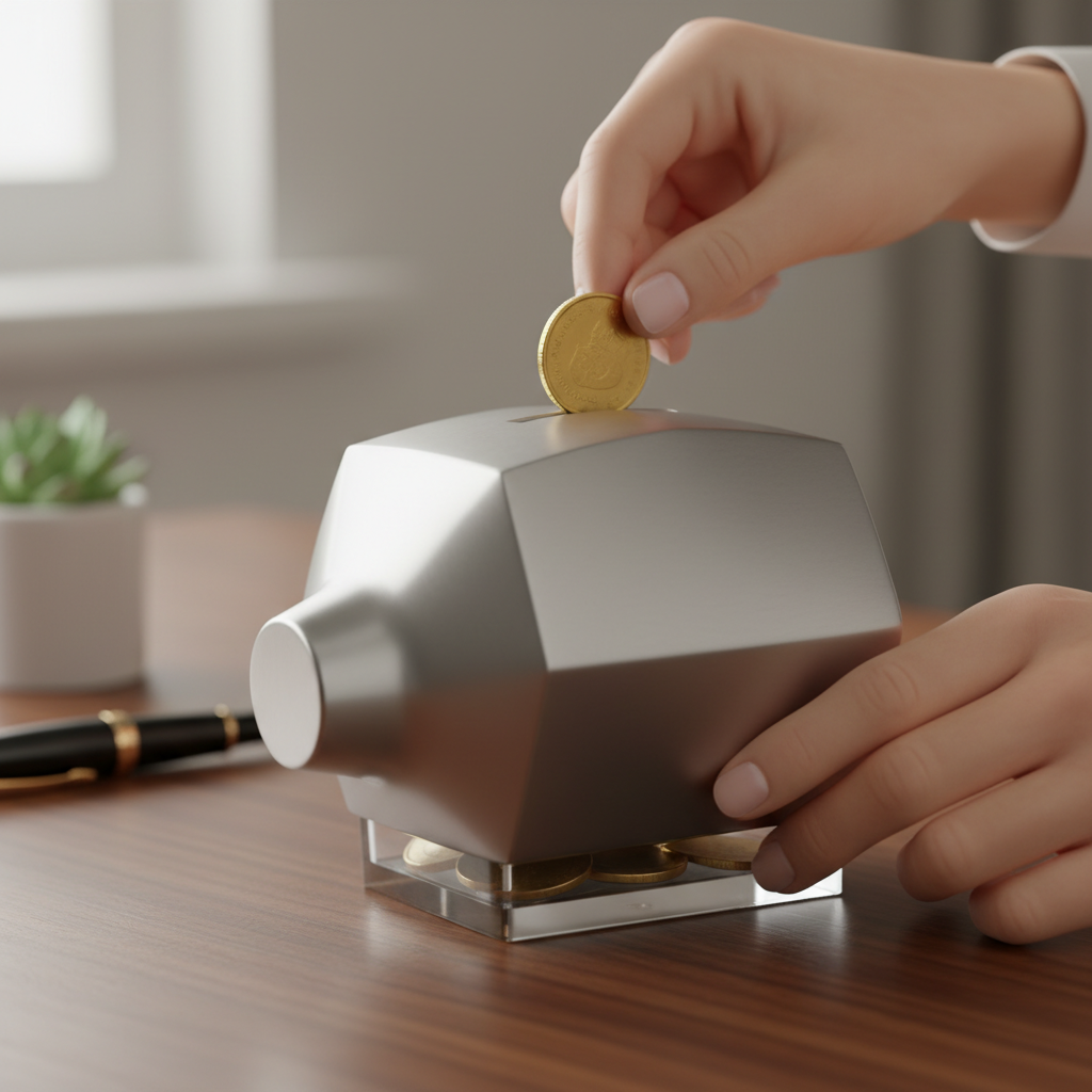Hands placing a gold coin into a piggy bank, symbolizing careful saving.