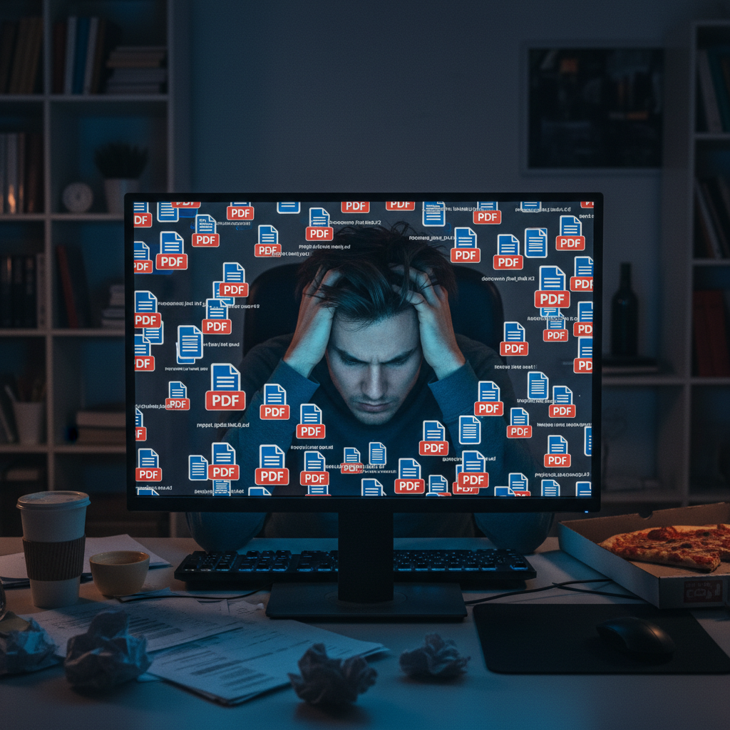 A cluttered computer desktop filled with disorganized PDF files causing user frustration.