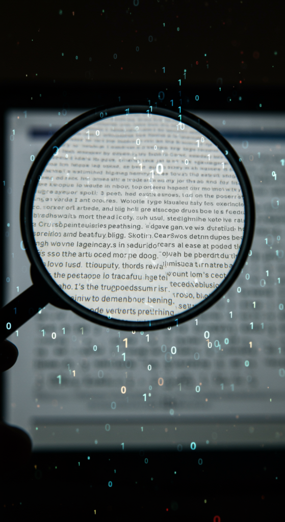 A magnifying glass over a blurry blog post with digital code overlay, symbolizing a search engine's confusion.
