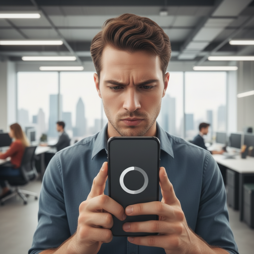 A person looking frustrated at a phone with a loading symbol.