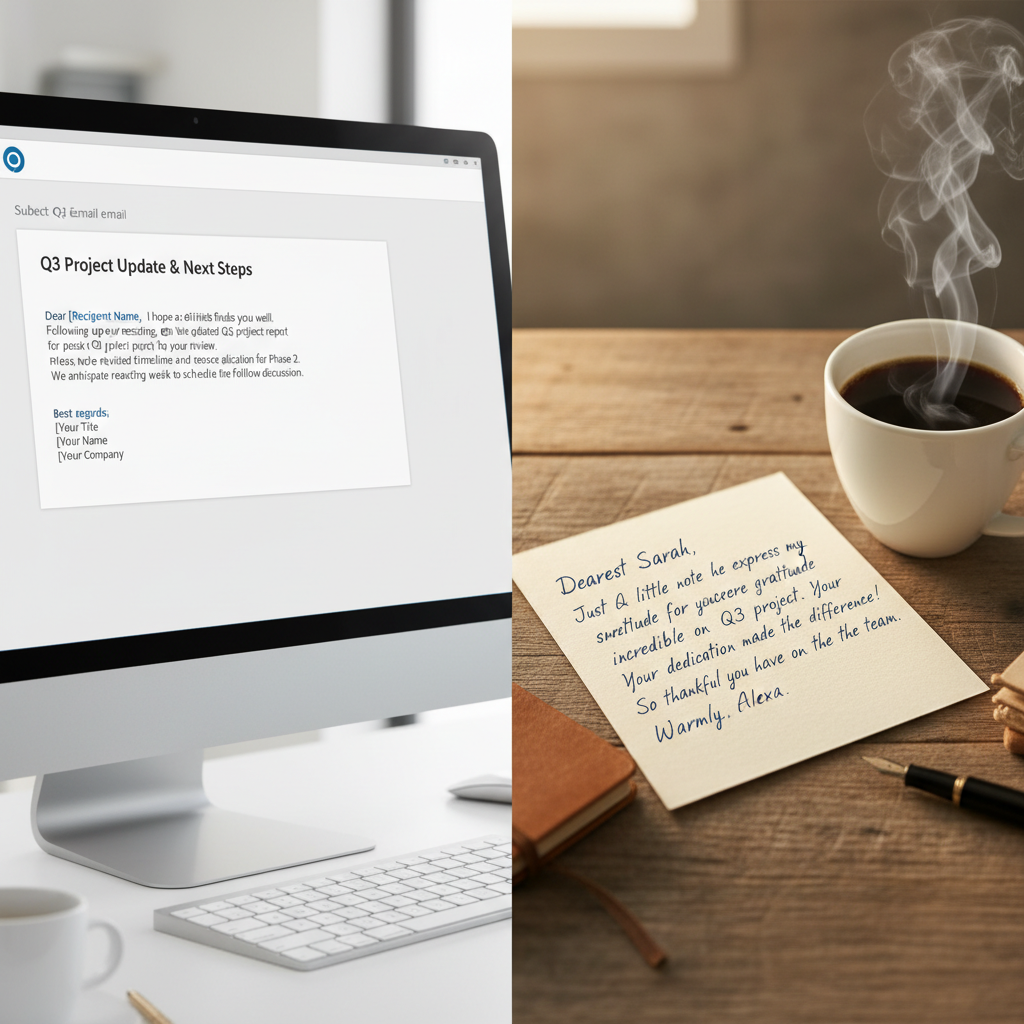 A comparison of a cold digital email and a personal handwritten card.