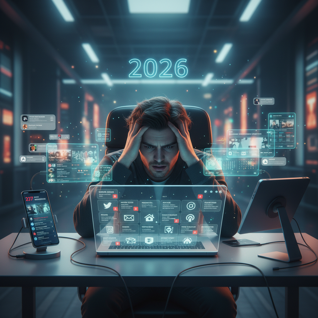 Overwhelmed person at a desk with multiple device notifications.