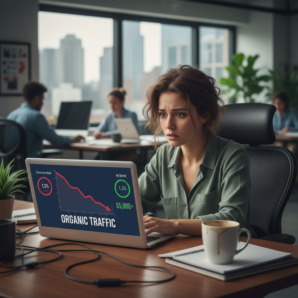 Marketer looking worriedly at a graph showing a steep drop in website traffic.