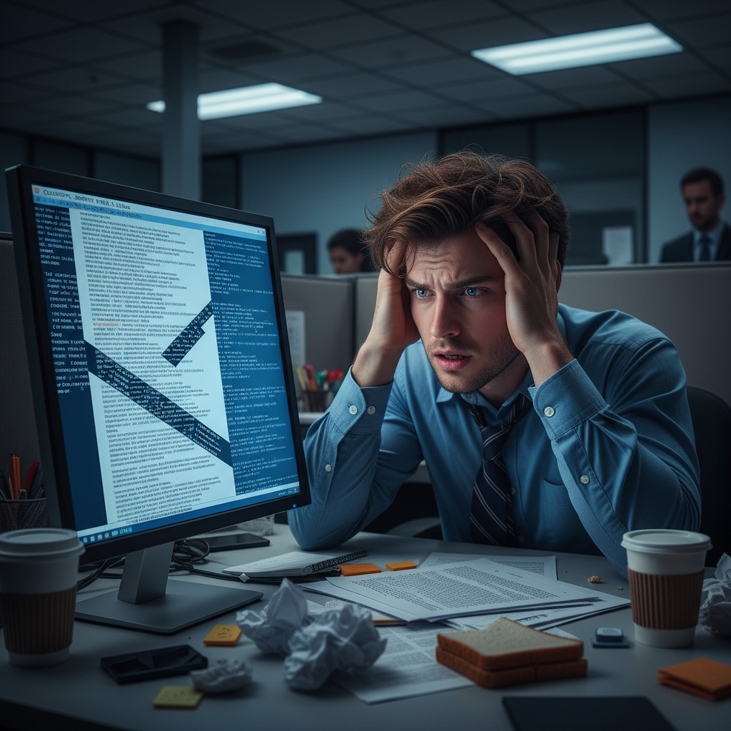 An office worker looking stressed while viewing a garbled document on their monitor.